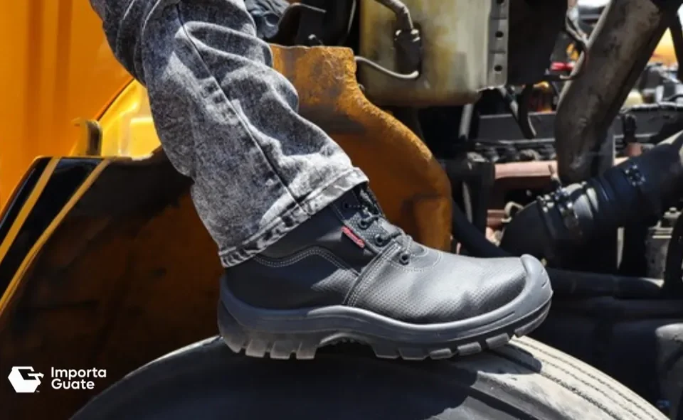 Bota de seguridad apoyada sobre maquinaria en una operación industrial